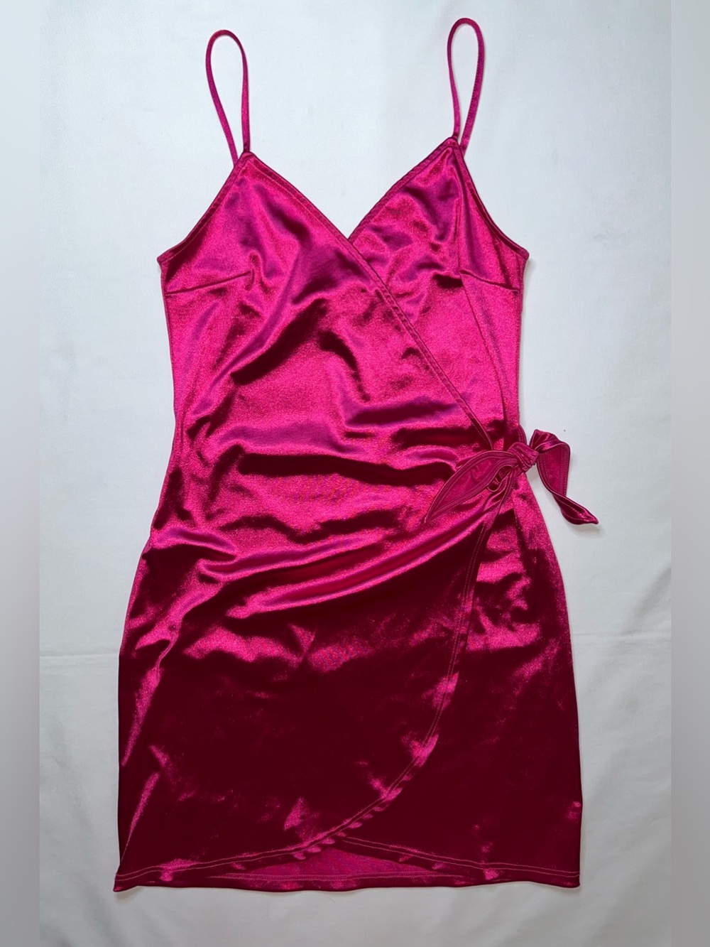 H&M Divided S Hot Pink Satin Wrap Mini Dress Women’s Small Cami Party Cocktail